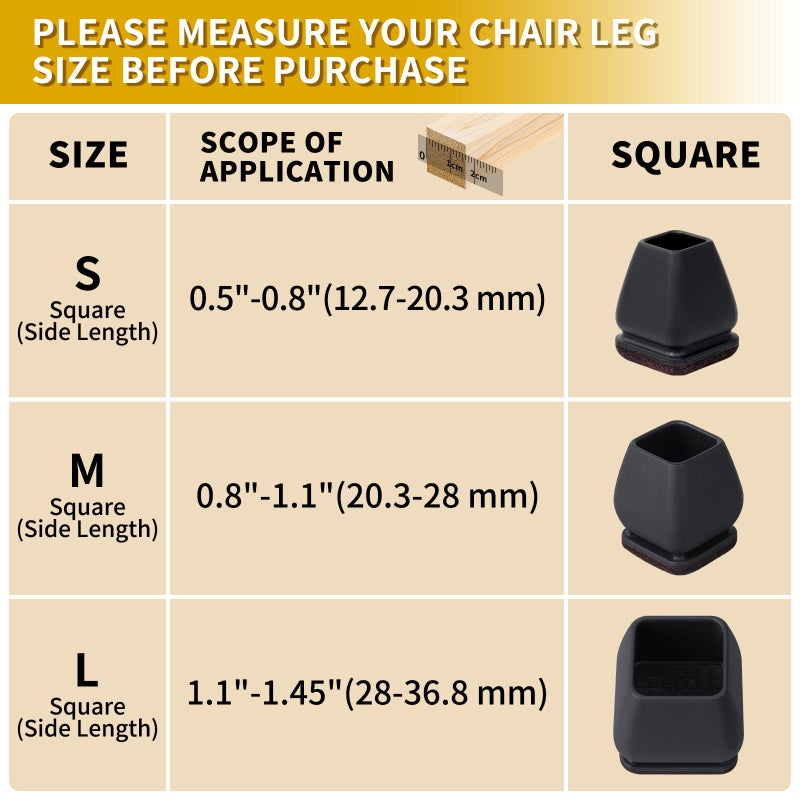 Ezprotekt 24 PCS Square Silicone Chair Leg Floor Protectors  Felt Furniture Pads  Bar Stool Leg Floor Protectors for Chairs  Chair Leg Caps Covers  Chair Cups Sliders for Wood Floors (Fit 1.1""- 1.45""  Black) - Image 2
